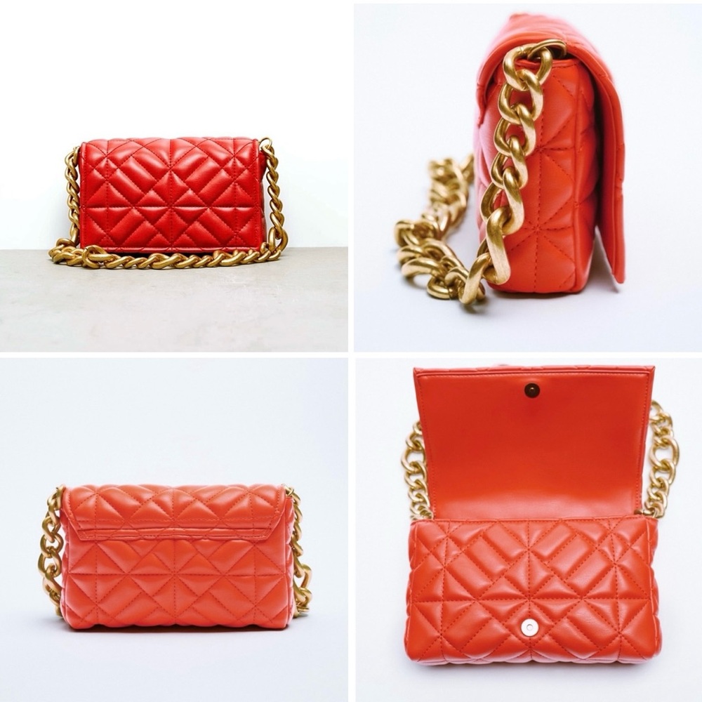 *ZARA* NWOT Quilted Chain Strap Shoulder Bag (Coral/Orange)